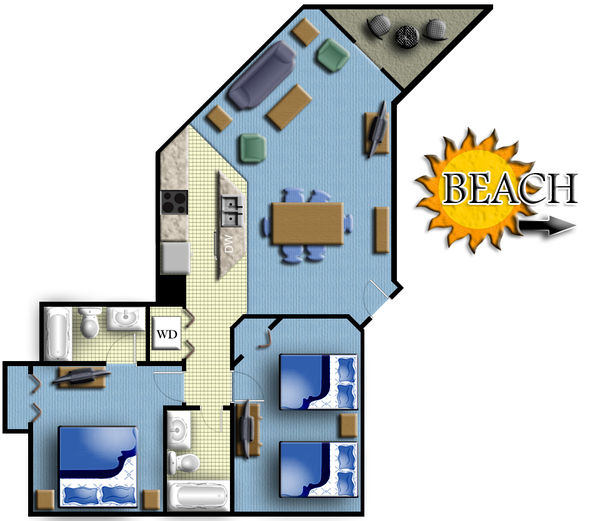 Floorplan of the Angle 2 Bedroom Oceanfront Condo at Cayman Towers