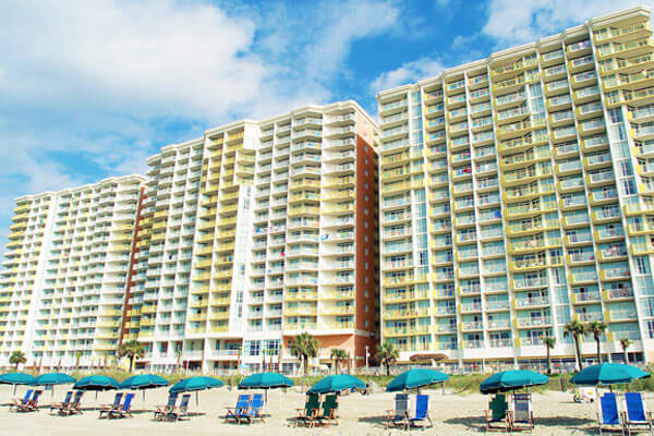 View from the Oceanfront of the backside of Bay Watch Resort Towers in North Myrtle Beach