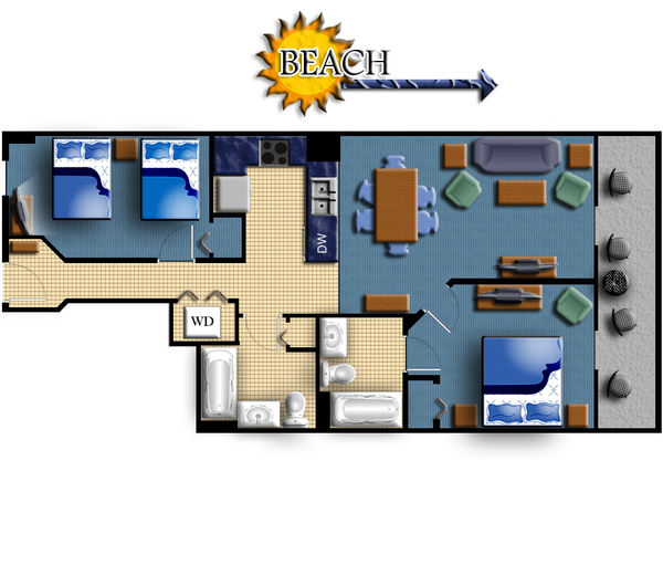 Floorplan of the 2 Bedroom Oceanfront Condo at Cayman Towers